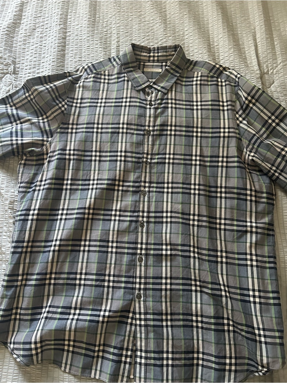 Burberry Men's Plaid Button-Down Shirt in Green, Gray, and Black